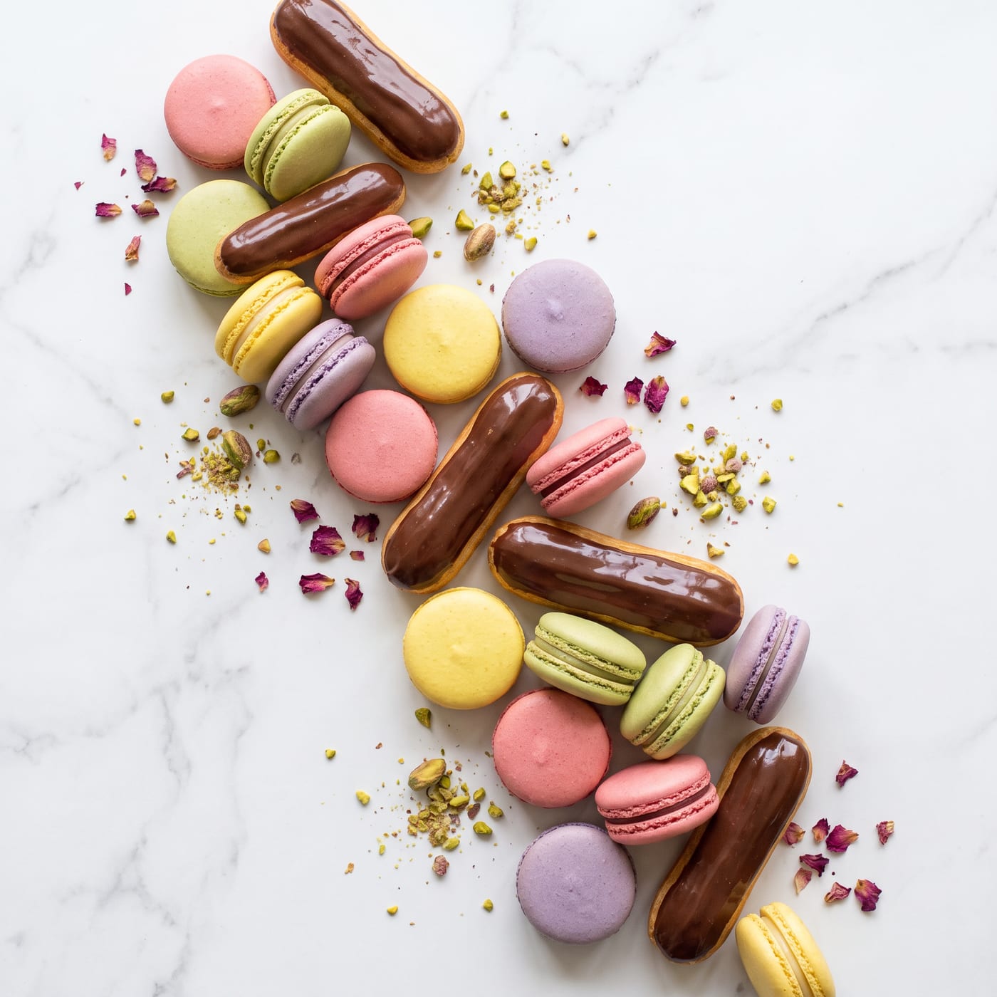 Macarons colorate și éclere cu ciocolată pe marmură